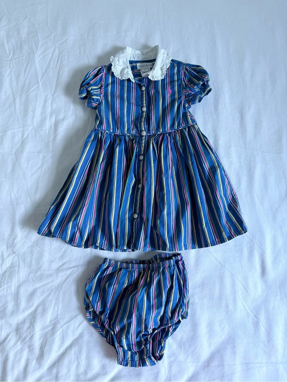 Ralph Lauren Navy Multi-Stripe Button Front Dress with White Collar